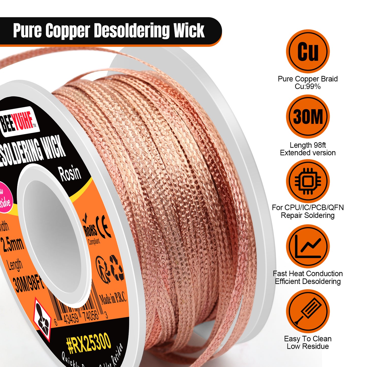 BEEYUIHF Desoldering Wick Braid 30M - 98ft Length 2.5mm Width Solder wick Braid with Flux, Cable Remover Tool Solder Sucker W 0.10'' L 98'