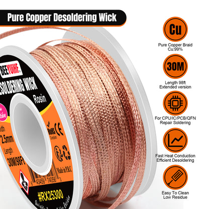 BEEYUIHF Desoldering Wick Braid 30M - 98ft Length 2.5mm Width Solder wick Braid with Flux, Cable Remover Tool Solder Sucker W 0.10'' L 98'