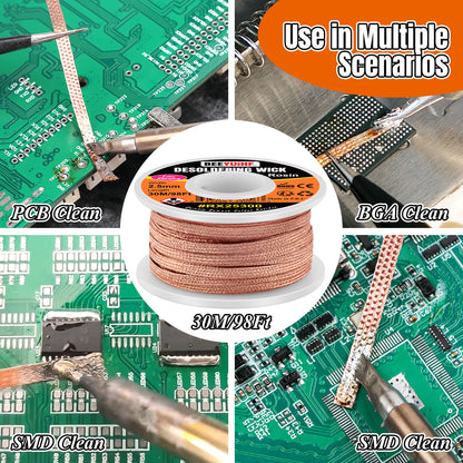 BEEYUIHF Desoldering Wick Braid 30M - 98ft Length 2.5mm Width Solder wick Braid with Flux, Cable Remover Tool Solder Sucker W 0.10'' L 98'