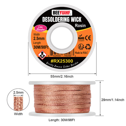 BEEYUIHF Desoldering Wick Braid 30M - 98ft Length 2.5mm Width Solder wick Braid with Flux, Cable Remover Tool Solder Sucker W 0.10'' L 98'