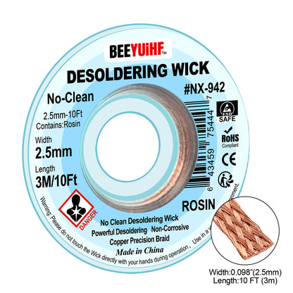BEEYUIHF No Clean Desoldering wick Braid, No residue Solder wick Braid with Flux,  Solder Remover wire Kit, Cable Remover Tool Solder Sucker,w 0.10'' L 9.8'  #NX942