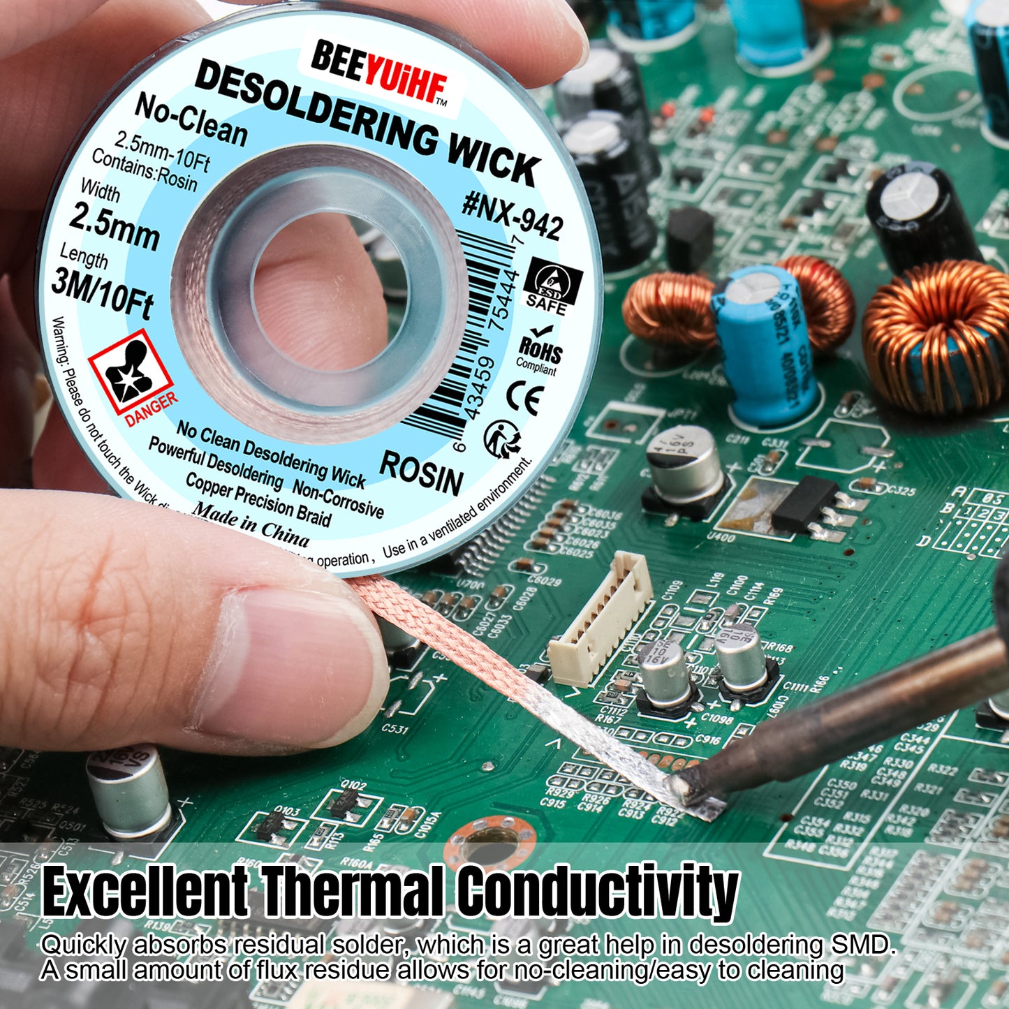 BEEYUIHF No Clean Desoldering wick Braid, No residue Solder wick Braid with Flux,  Solder Remover wire Kit, Cable Remover Tool Solder Sucker,w 0.10'' L 9.8'  #NX942