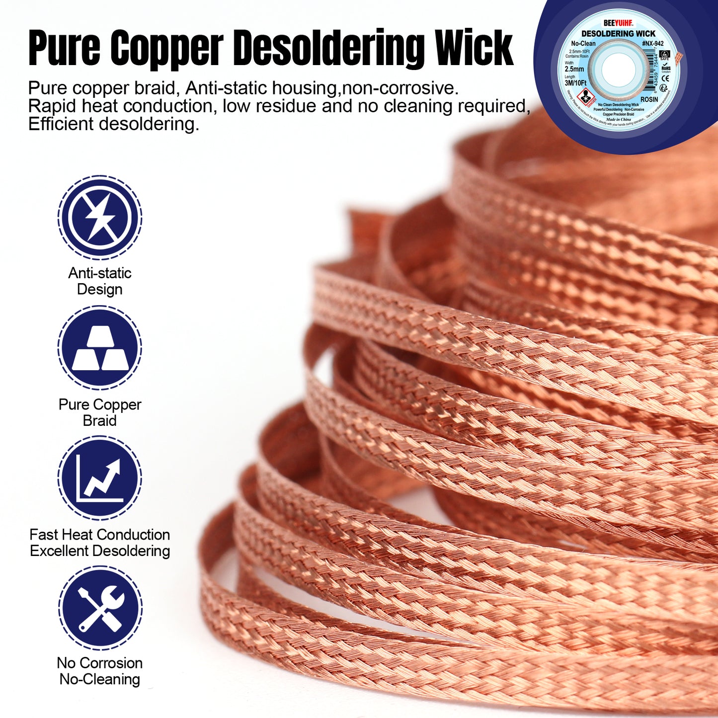 BEEYUIHF No Clean Desoldering wick Braid, No residue Solder wick Braid with Flux,  Solder Remover wire Kit, Cable Remover Tool Solder Sucker,w 0.10'' L 9.8'  #NX942