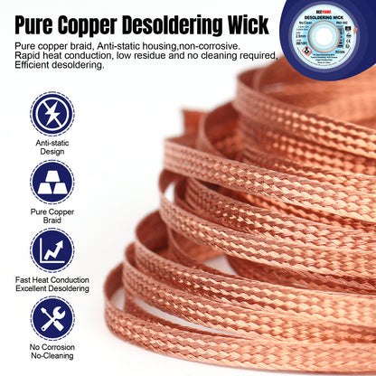 BEEYUIHF No Clean Desoldering wick Braid, No residue Solder wick Braid with Flux,  Solder Remover wire Kit, Cable Remover Tool Solder Sucker,w 0.10'' L 9.8'  #NX942