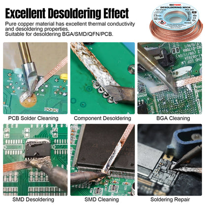 BEEYUIHF No Clean Desoldering wick Braid, No residue Solder wick Braid with Flux,  Solder Remover wire Kit, Cable Remover Tool Solder Sucker,w 0.10'' L 9.8'  #NX942