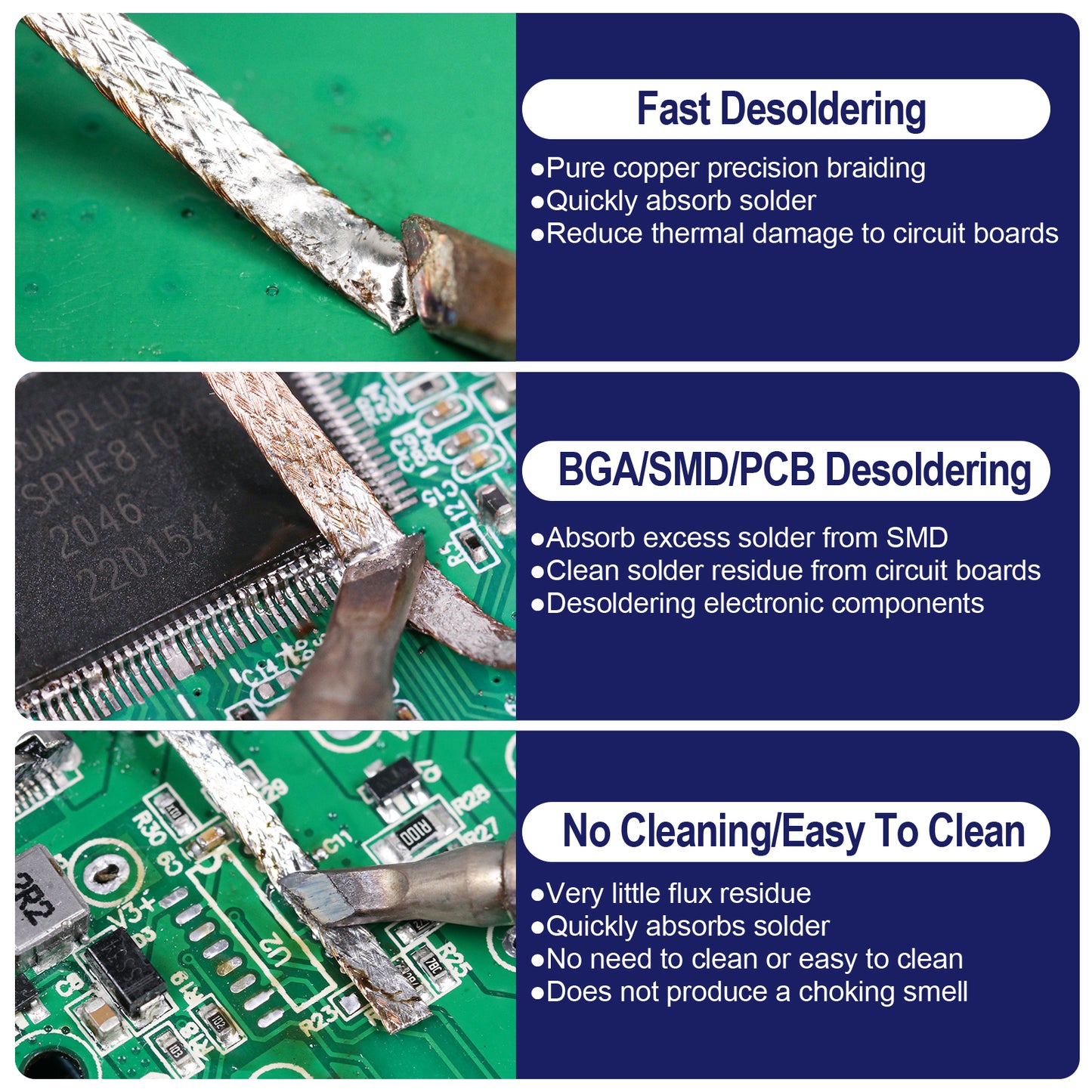 BEEYUIHF No Clean Desoldering wick Braid, No residue Solder wick Braid with Flux,  Solder Remover wire Kit, Cable Remover Tool Solder Sucker,w 0.10'' L 9.8'  #NX942