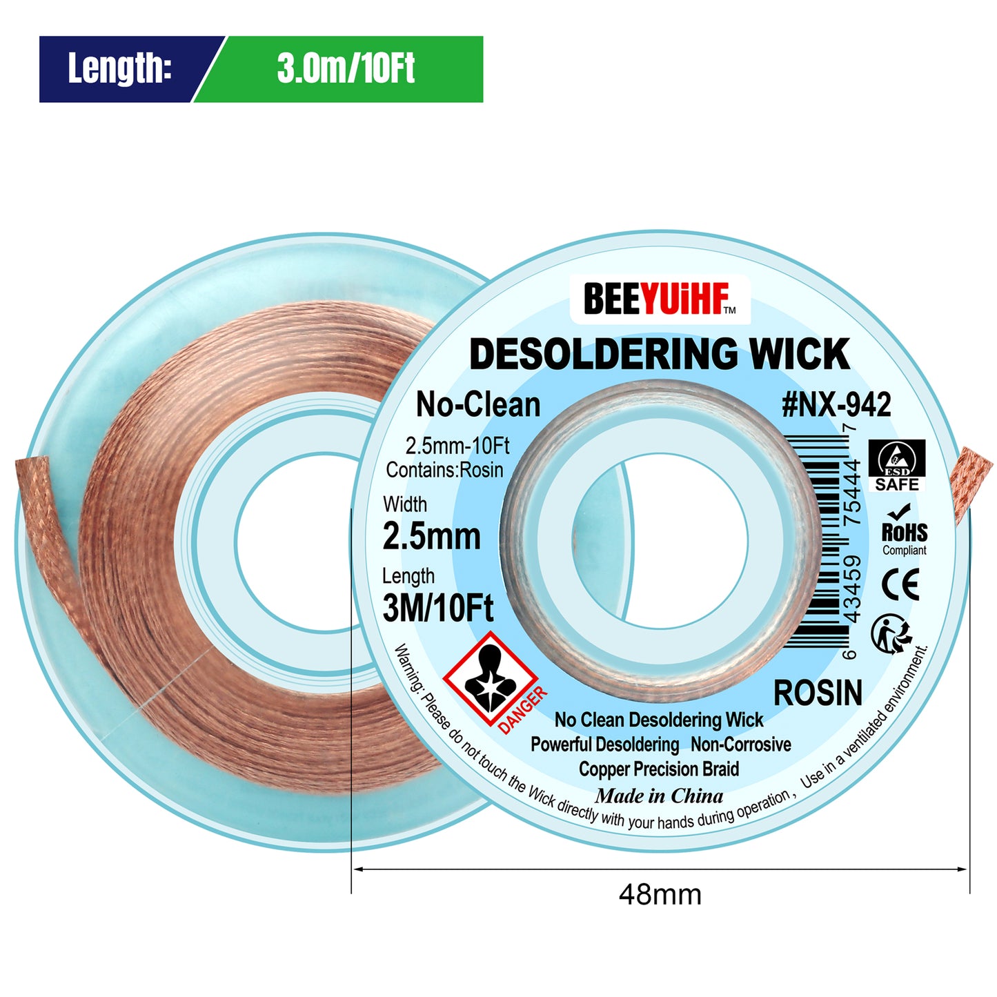 BEEYUIHF No Clean Desoldering wick Braid, No residue Solder wick Braid with Flux,  Solder Remover wire Kit, Cable Remover Tool Solder Sucker,w 0.10'' L 9.8'  #NX942