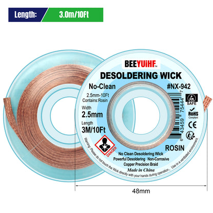 BEEYUIHF No Clean Desoldering wick Braid, No residue Solder wick Braid with Flux,  Solder Remover wire Kit, Cable Remover Tool Solder Sucker,w 0.10'' L 9.8'  #NX942