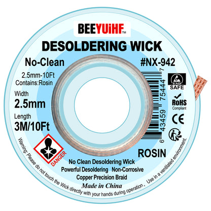 BEEYUIHF No Clean Desoldering wick Braid, No residue Solder wick Braid with Flux,  Solder Remover wire Kit, Cable Remover Tool Solder Sucker,w 0.10'' L 9.8'  #NX942