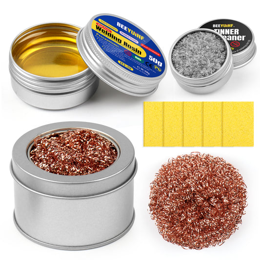 BEEYUIHF Soldering Tip Cleaning Kit Rosin Paste Flux and Soldering Tip Cleaner and 2 Pcs Brass Cleaning wire and 1 Pcs Holder and 5Pieces Sponge for Cleaning Solder Iron and Tips