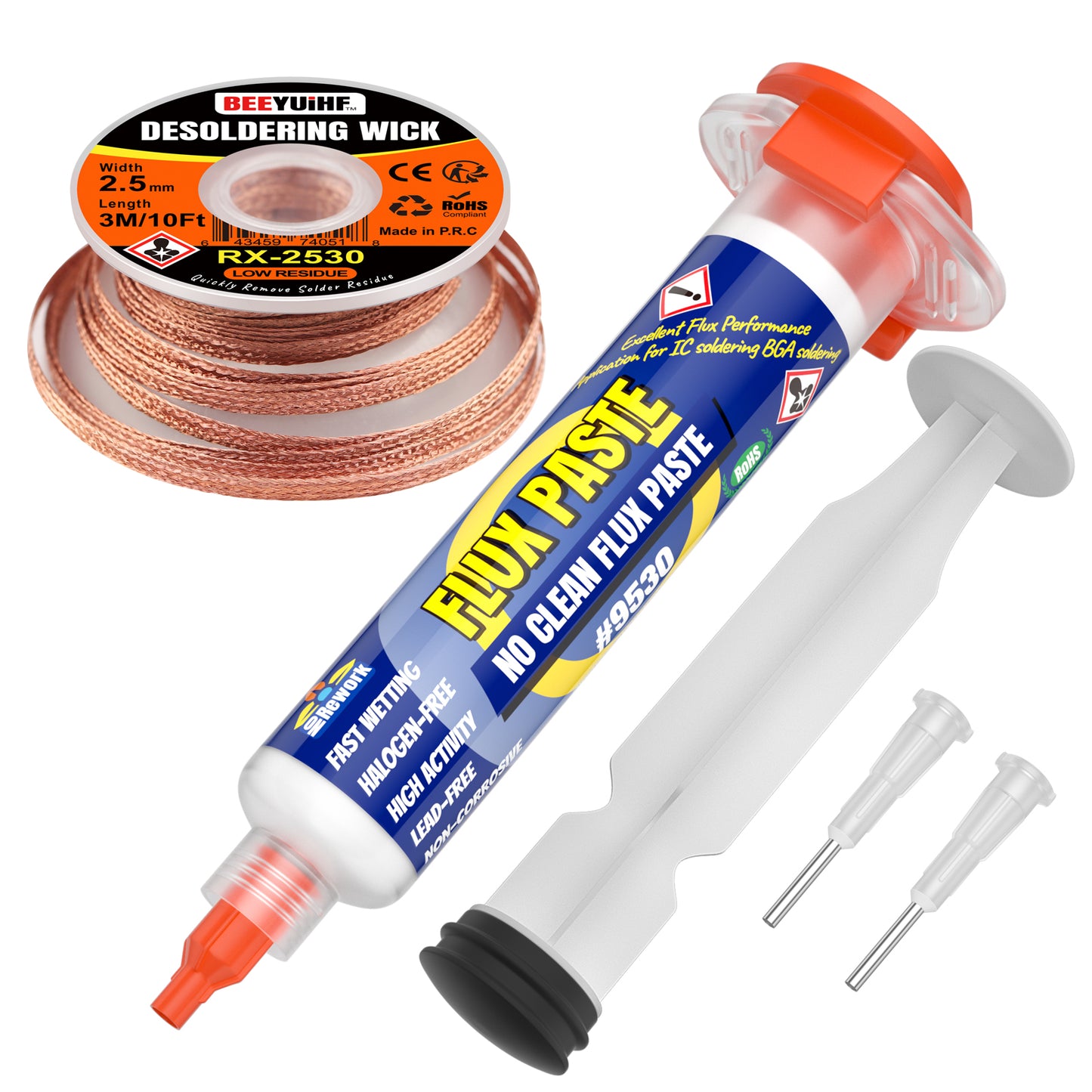 BEEYUIHF Electrical Soldering Flux Paste (10cc Syringe) with Desoldering wick Braid (3M/10ft 2.5mm) for Electronics Soldering Repairs Remover Kit