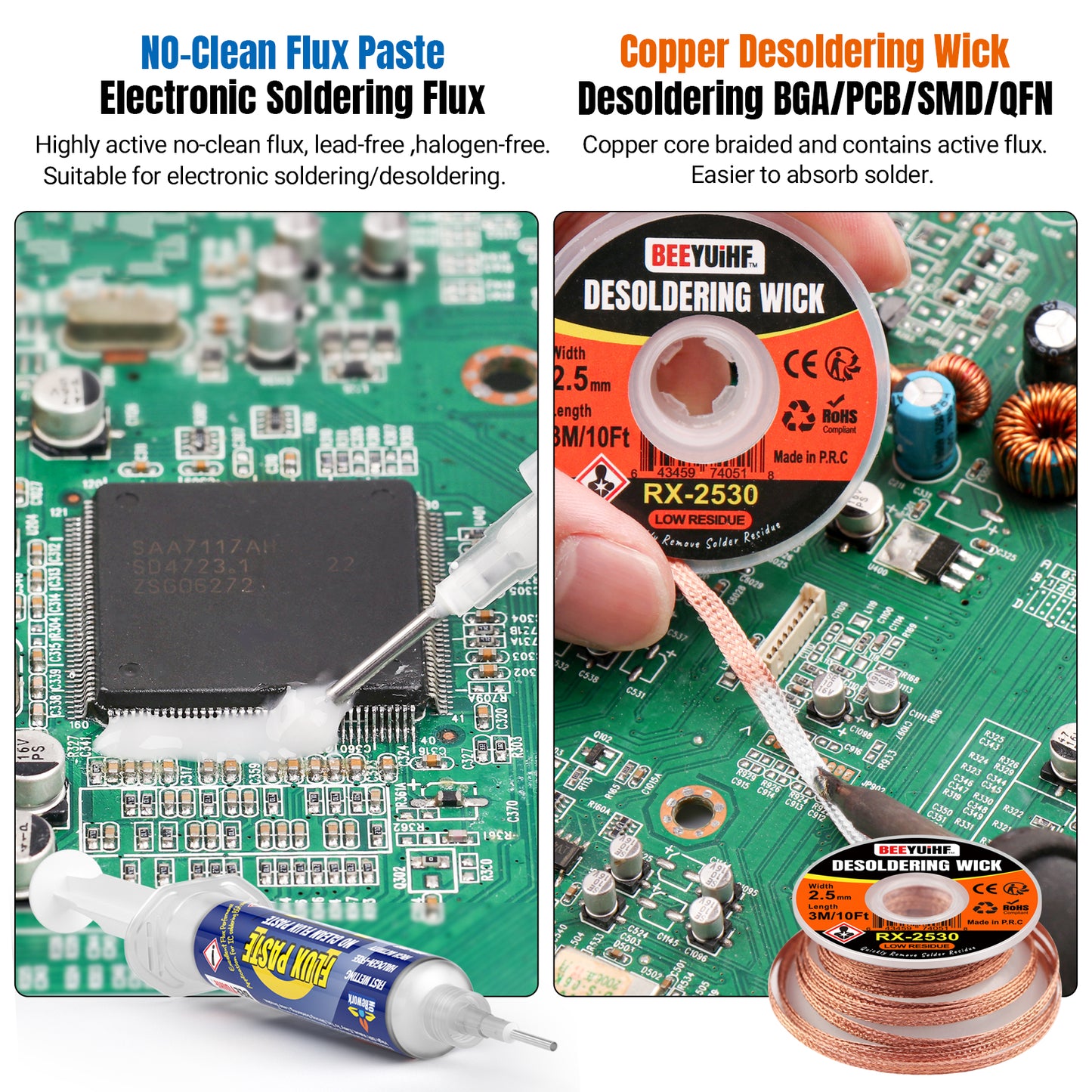 BEEYUIHF Electrical Soldering Flux Paste (10cc Syringe) with Desoldering wick Braid (3M/10ft 2.5mm) for Electronics Soldering Repairs Remover Kit