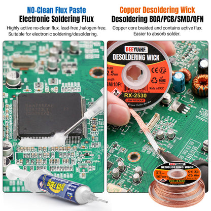 BEEYUIHF Electrical Soldering Flux Paste (10cc Syringe) with Desoldering wick Braid (3M/10ft 2.5mm) for Electronics Soldering Repairs Remover Kit