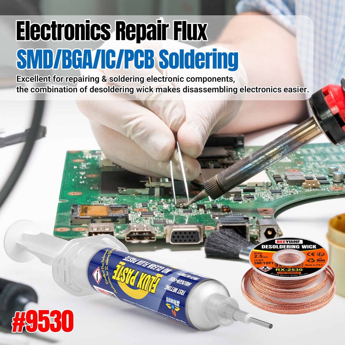 BEEYUIHF Electrical Soldering Flux Paste (10cc Syringe) with Desoldering wick Braid (3M/10ft 2.5mm) for Electronics Soldering Repairs Remover Kit