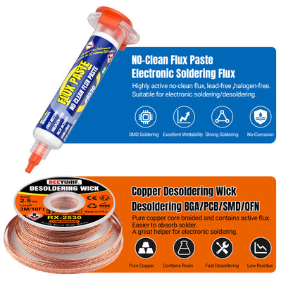 BEEYUIHF Electrical Soldering Flux Paste (10cc Syringe) with Desoldering wick Braid (3M/10ft 2.5mm) for Electronics Soldering Repairs Remover Kit