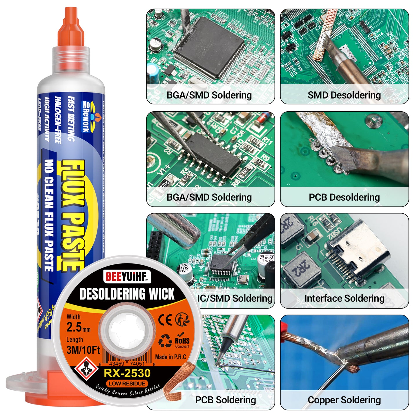 BEEYUIHF Electrical Soldering Flux Paste (10cc Syringe) with Desoldering wick Braid (3M/10ft 2.5mm) for Electronics Soldering Repairs Remover Kit