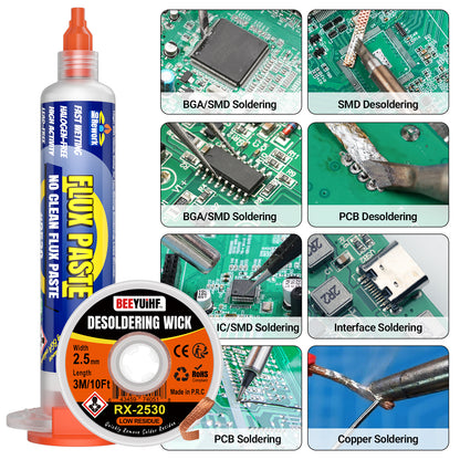 BEEYUIHF Electrical Soldering Flux Paste (10cc Syringe) with Desoldering wick Braid (3M/10ft 2.5mm) for Electronics Soldering Repairs Remover Kit