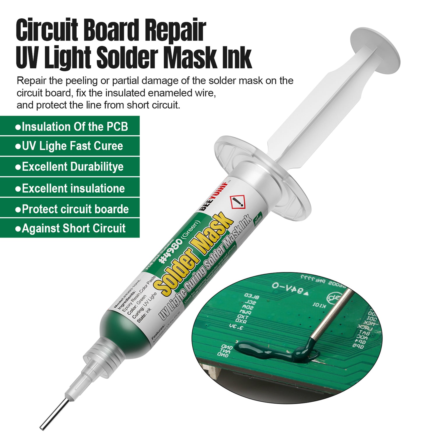 BEEYUIHF Green UV Light Curing Solder mask Oil, Solder Mask Ink, UV Curing Solder Mask Ink, PCB BGA Solder Resist Ink,Prevent Corrosive Arcing (10cc/Syringe) #4980