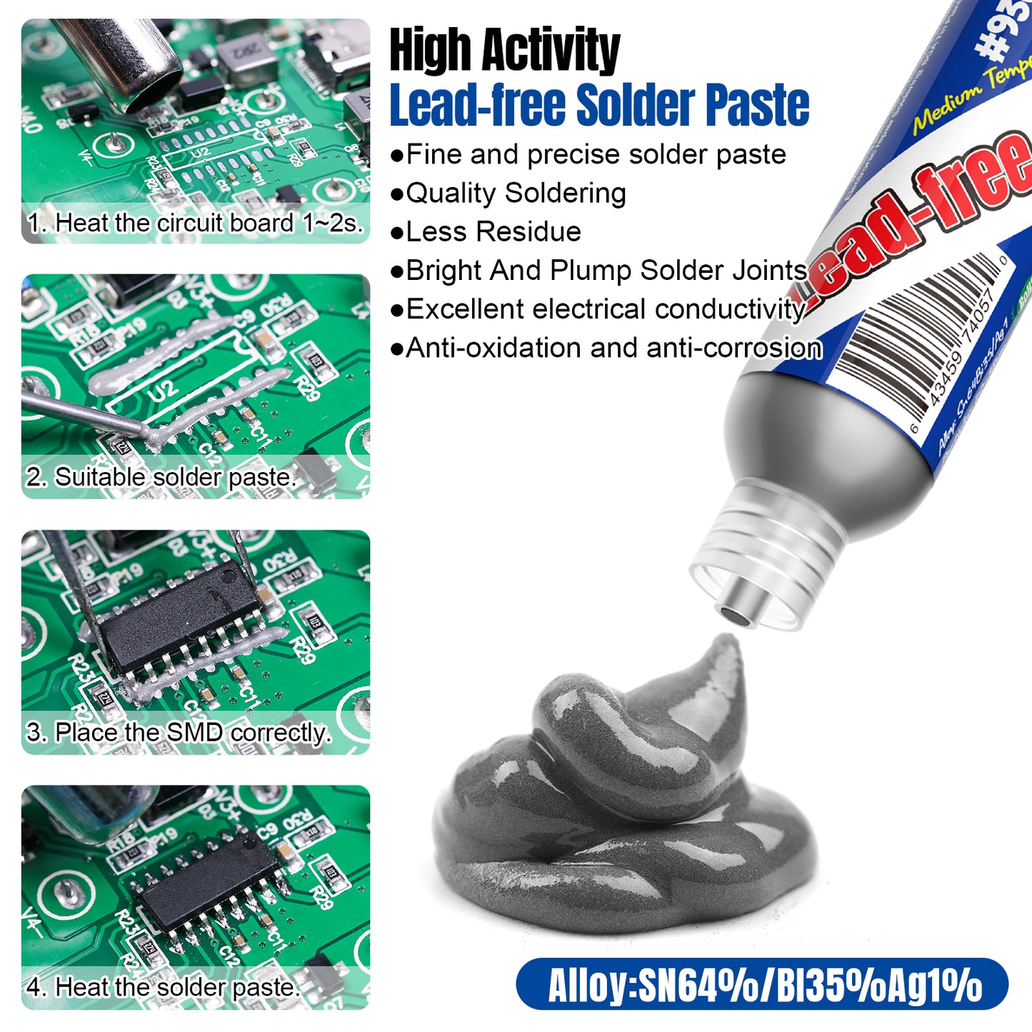 BEEYUIHF Solder Paste, Electronic Soldering Paste with Flux, Sn64 Bi35 Ag1 Lead-free SMD Solder Paste for PCB IC SMD LED BGA QFN SMT electronics (1.23oz/35g)